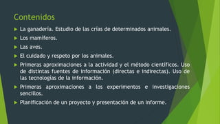 Contenidos
 La ganadería. Estudio de las crías de determinados animales.
 Los mamíferos.
 Las aves.
 El cuidado y respeto por los animales.
 Primeras aproximaciones a la actividad y el método científicos. Uso
de distintas fuentes de información (directas e indirectas). Uso de
las tecnologías de la información.
 Primeras aproximaciones a los experimentos e investigaciones
sencillos.
 Planificación de un proyecto y presentación de un informe.
 