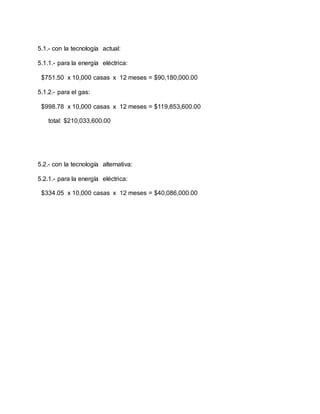 5.1.- con la tecnología actual:
5.1.1.- para la energía eléctrica:
$751.50 x 10,000 casas x 12 meses = $90,180,000.00
5.1.2.- para el gas:
$998.78 x 10,000 casas x 12 meses = $119,853,600.00
total: $210,033,600.00
5.2.- con la tecnología alternativa:
5.2.1.- para la energía eléctrica:
$334.05 x 10,000 casas x 12 meses = $40,086,000.00
 
