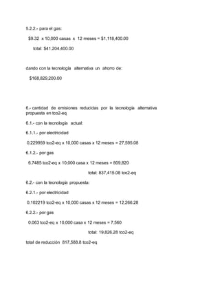 5.2.2.- para el gas:
$9.32 x 10,000 casas x 12 meses = $1,118,400.00
total: $41,204,400.00
dando con la tecnología alternativa un ahorro de:
$168,829,200.00
6.- cantidad de emisiones reducidas por la tecnología alternativa
propuesta en tco2-eq
6.1.- con la tecnología actual:
6.1.1.- por electricidad
0.229959 tco2-eq x 10,000 casas x 12 meses = 27,595.08
6.1.2.- por gas
6.7485 tco2-eq x 10,000 casa x 12 meses = 809,820
total: 837,415.08 tco2-eq
6.2.- con la tecnología propuesta:
6.2.1.- por electricidad
0.102219 tco2-eq x 10,000 casas x 12 meses = 12,266.28
6.2.2.- por gas
0.063 tco2-eq x 10,000 casa x 12 meses = 7,560
total: 19,826.28 tco2-eq
total de reducción 817,588.8 tco2-eq
 