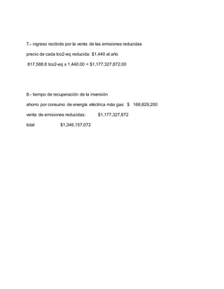 7.- ingreso recibido por la venta de las emisiones reducidas
precio de cada tco2-eq reducida: $1,440 al año
817,588.8 tco2-eq x 1,440.00 = $1,177,327,872.00
8.- tiempo de recuperación de la inversión
ahorro por consumo de energía eléctrica más gas: $ 168,829,200
venta de emisiones reducidas: $1,177,327,872
total $1,346,157,072
 