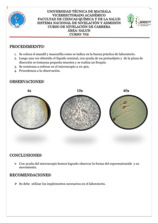 UNIVERSIDAD TÉCNICA DE MACHALA
VICERRECTORADO ACADÉMICO
FACULTAD DE CIENCAS QUÍMICA Y DE LA SALUD
SISTEMA NACIONAL DE NIVELACIÓN Y ADMISIÓN
CURSO DE NIVELACIÓN DE CARRERA
ÁREA: SALUD
CURSO: V02

PROCEDIMIENTO:
1. Se coloca el mandil y mascarilla como se indica en la buena práctica de laboratorio.
2. Luego una vez obtenido el líquido seminal, con ayuda de un portaobjeto y de la pinza de
disección se tomauna pequeña muestra y se realiza un froquis.
3. Se comienza a enfocar en el microscopio a 10-40x.
4. Procedemos a la observación.

OBSERVACIONES:
4x

10x

40x

CONCLUSIONES:
 Con ayuda del microscopio hemos logrado observar la forma del espermatozoide y su
movimiento.

RECOMENDACIONES:
 Se debe utilizar los implementos necesarios en el laboratorio.

 