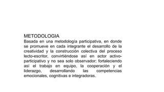 METODOLOGIA
Basada en una metodología participativa, en donde
se promueve en cada integrante el desarrollo de la
creatividad y la construcción colectiva del proceso
lecto-escritor, convirtiéndose así en actor activo-
participativo y no sea solo observador; fortaleciendo
así el trabajo en equipo, la cooperación y el
liderazgo, desarrollando las competencias
emocionales, cognitivas e integradoras.
 