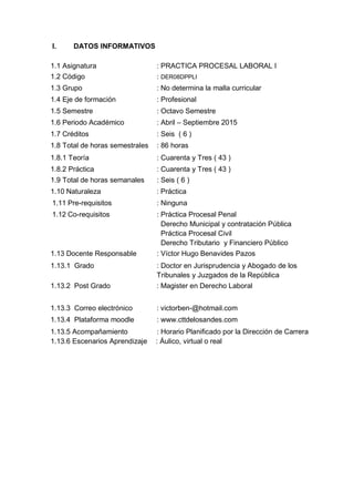 I. DATOS INFORMATIVOS
1.1 Asignatura : PRACTICA PROCESAL LABORAL I
1.2 Código : DER08DPPLI
1.3 Grupo : No determina la malla curricular
1.4 Eje de formación : Profesional
1.5 Semestre : Octavo Semestre
1.6 Periodo Académico : Abril – Septiembre 2015
1.7 Créditos : Seis ( 6 )
1.8 Total de horas semestrales : 86 horas
1.8.1 Teoría : Cuarenta y Tres ( 43 )
1.8.2 Práctica : Cuarenta y Tres ( 43 )
1.9 Total de horas semanales : Seis ( 6 )
1.10 Naturaleza : Práctica
1.11 Pre-requisitos : Ninguna
1.12 Co-requisitos : Práctica Procesal Penal
Derecho Municipal y contratación Pública
Práctica Procesal Civil
Derecho Tributario y Financiero Público
1.13 Docente Responsable : Víctor Hugo Benavides Pazos
1.13.1 Grado : Doctor en Jurisprudencia y Abogado de los
Tribunales y Juzgados de la República
1.13.2 Post Grado : Magister en Derecho Laboral
1.13.3 Correo electrónico : victorben-@hotmail.com
1.13.4 Plataforma moodle : www.cttdelosandes.com
1.13.5 Acompañamiento : Horario Planificado por la Dirección de Carrera
1.13.6 Escenarios Aprendizaje : Áulico, virtual o real
 