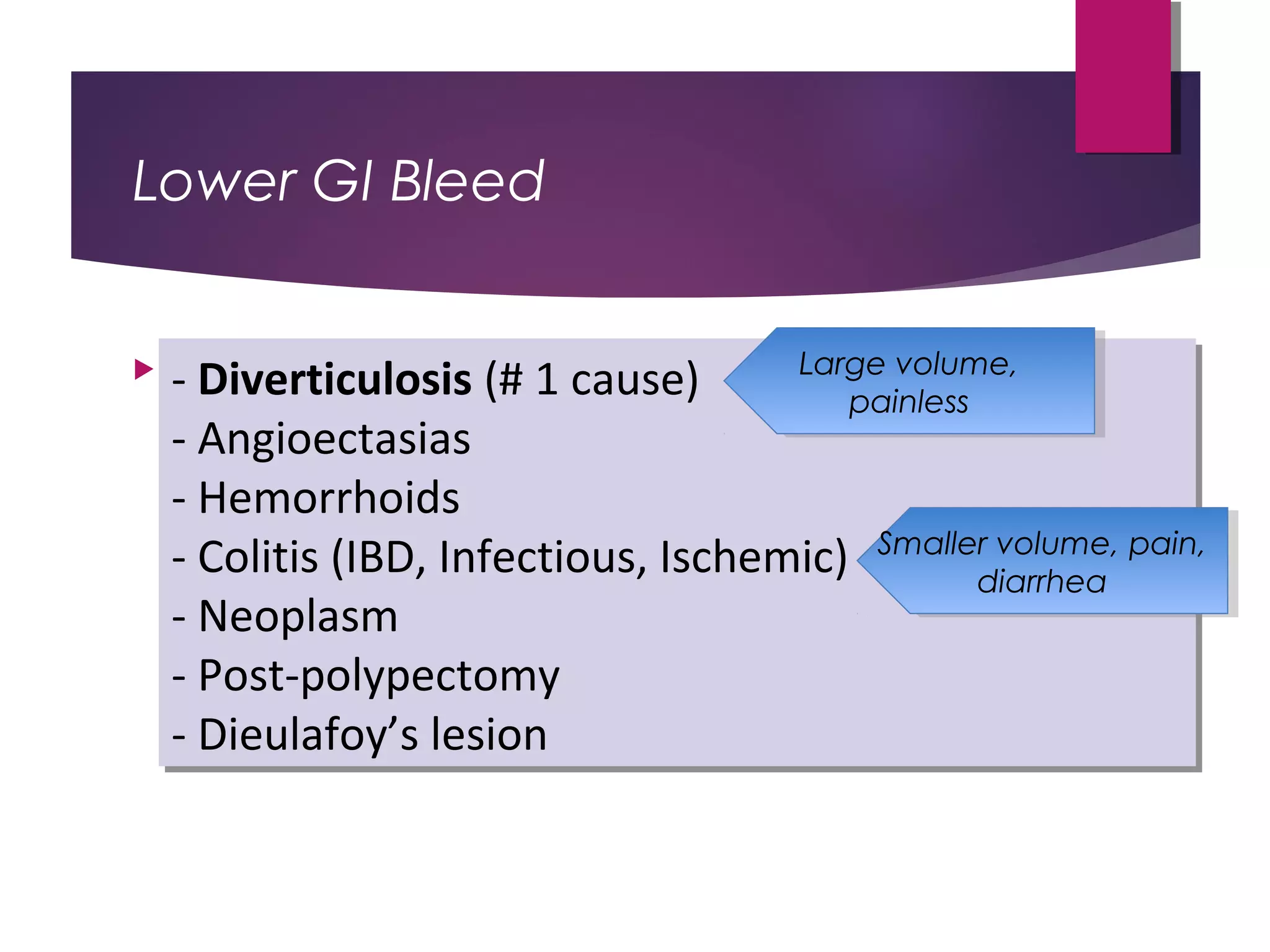 Lower GI Bleed
 Differential Diagnosis
- Diverticulosis (# 1 cause)
- Angioectasias
- Hemorrhoids
- Colitis (IBD, Infectious, Ischemic)
- Neoplasm
- Post-polypectomy
- Dieulafoy’s lesion
- Diverticulosis (# 1 cause)
- Angioectasias
- Hemorrhoids
- Colitis (IBD, Infectious, Ischemic)
- Neoplasm
- Post-polypectomy
- Dieulafoy’s lesion
Large volume,
painless
Large volume,
painless
Smaller volume, pain,
diarrhea
Smaller volume, pain,
diarrhea
 