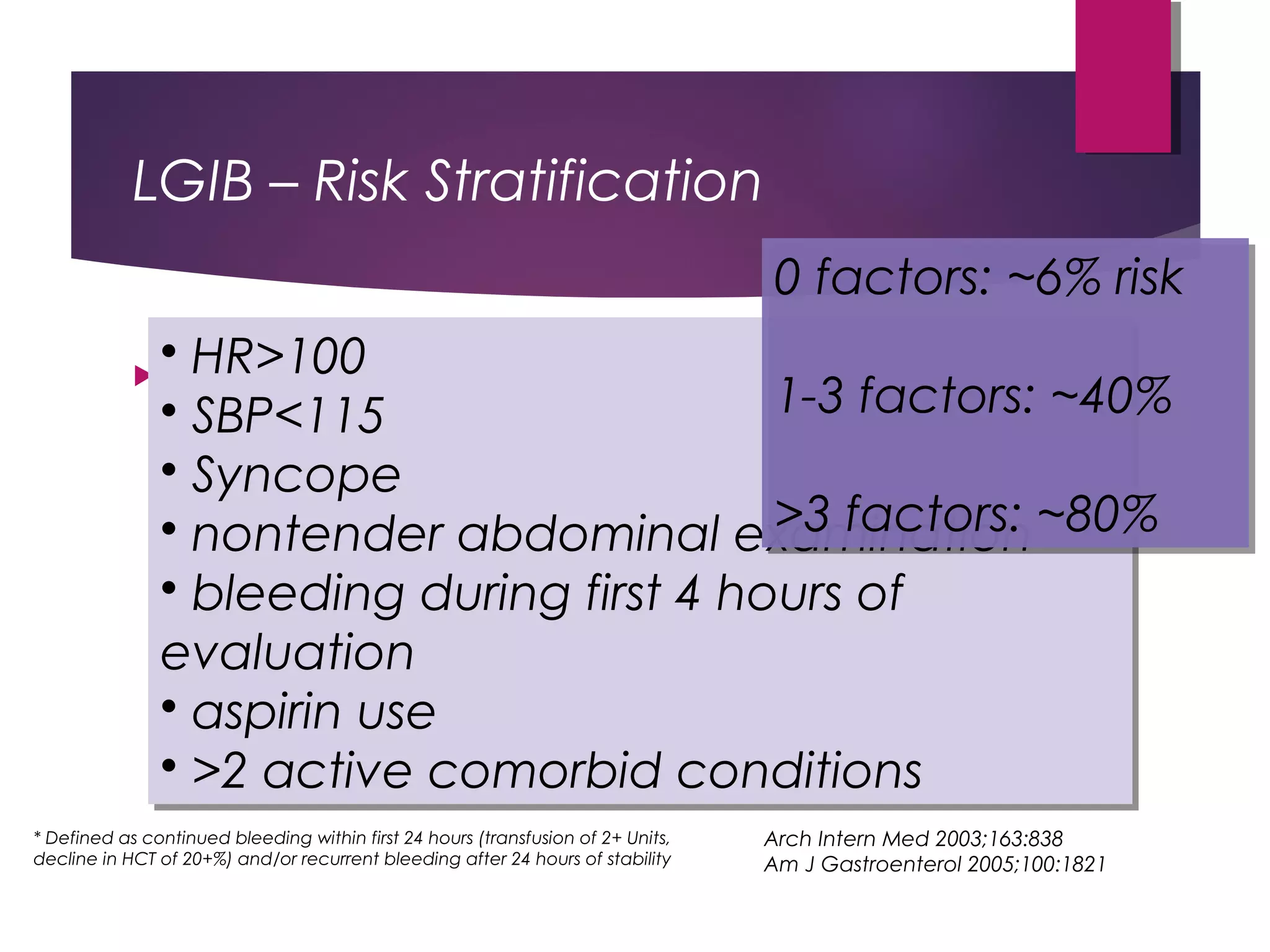 LGIB – Risk Stratification
 Predictors of severe* LGIB:
 HR>100
 SBP<115
 Syncope
 nontender abdominal examination
 bleeding during first 4 hours of
evaluation
 aspirin use
 >2 active comorbid conditions
 HR>100
 SBP<115
 Syncope
 nontender abdominal examination
 bleeding during first 4 hours of
evaluation
 aspirin use
 >2 active comorbid conditions
0 factors: ~6% risk
1-3 factors: ~40%
>3 factors: ~80%
0 factors: ~6% risk
1-3 factors: ~40%
>3 factors: ~80%
Arch Intern Med 2003;163:838
Am J Gastroenterol 2005;100:1821
* Defined as continued bleeding within first 24 hours (transfusion of 2+ Units,
decline in HCT of 20+%) and/or recurrent bleeding after 24 hours of stability
 