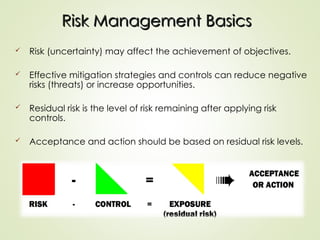 Risk Management Basics
Risk Management Basics
 Risk (uncertainty) may affect the achievement of objectives.
 Effective mitigation strategies and controls can reduce negative
risks (threats) or increase opportunities.
 Residual risk is the level of risk remaining after applying risk
controls.
 Acceptance and action should be based on residual risk levels.
 