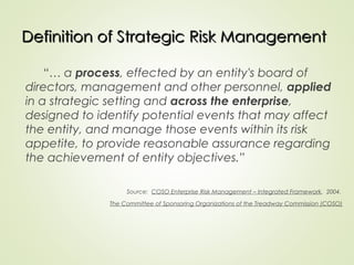 Definition of Strategic Risk Management
Definition of Strategic Risk Management
“… a process, effected by an entity's board of
directors, management and other personnel, applied
in a strategic setting and across the enterprise,
designed to identify potential events that may affect
the entity, and manage those events within its risk
appetite, to provide reasonable assurance regarding
the achievement of entity objectives.”
Source: COSO Enterprise Risk Management – Integrated Framework. 2004.
The Committee of Sponsoring Organizations of the Treadway Commission (COSO)
 