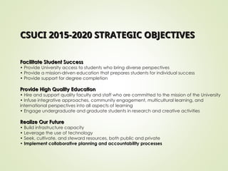 CSUCI 2015-2020 STRATEGIC OBJECTIVES
CSUCI 2015-2020 STRATEGIC OBJECTIVES
Facilitate Student Success
Facilitate Student Success
• Provide University access to students who bring diverse perspectives
• Provide a mission-driven education that prepares students for individual success
• Provide support for degree completion
Provide High Quality Education
Provide High Quality Education
• Hire and support quality faculty and staff who are committed to the mission of the University
• Infuse integrative approaches, community engagement, multicultural learning, and
international perspectives into all aspects of learning
• Engage undergraduate and graduate students in research and creative activities
Realize Our Future
Realize Our Future
• Build infrastructure capacity
• Leverage the use of technology
• Seek, cultivate, and steward resources, both public and private
• Implement collaborative planning and accountability processes
 