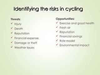 Identifying the risks in cycling
Identifying the risks in cycling
Threats:
 Injury
 Death
 Reputation
 Financial expense
 Damage or theft
 Weather Issues
Opportunities:
 Exercise and good health
 Fresh air
 Reputation
 Financial savings
 Role model
 Environmental impact
 