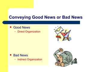 Conveying Good News or Bad News
 Good News
– Direct Organization
 Bad News
– Indirect Organization
 