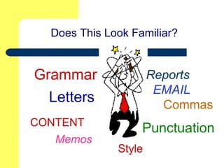 Does This Look Familiar?
Letters
Memos
Reports
EMAIL
Commas
Grammar
PunctuationCONTENT
Style
 