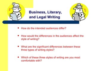 Business, Literary,
and Legal Writing
 How do the intended audiences differ?
 How would the differences in the audiences affect the
style of writing?
 What are the significant differences between these
three types of writing styles?
 Which of these three styles of writing are you most
comfortable with?
 