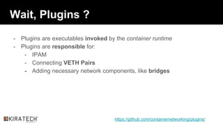 Wait, Plugins ?
- Plugins are executables invoked by the container runtime
- Plugins are responsible for:
- IPAM
- Connecting VETH Pairs
- Adding necessary network components, like bridges
https://github.com/containernetworking/plugins/
 