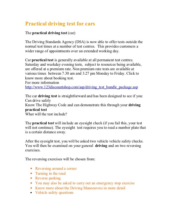 Practical driving test for cars drivers