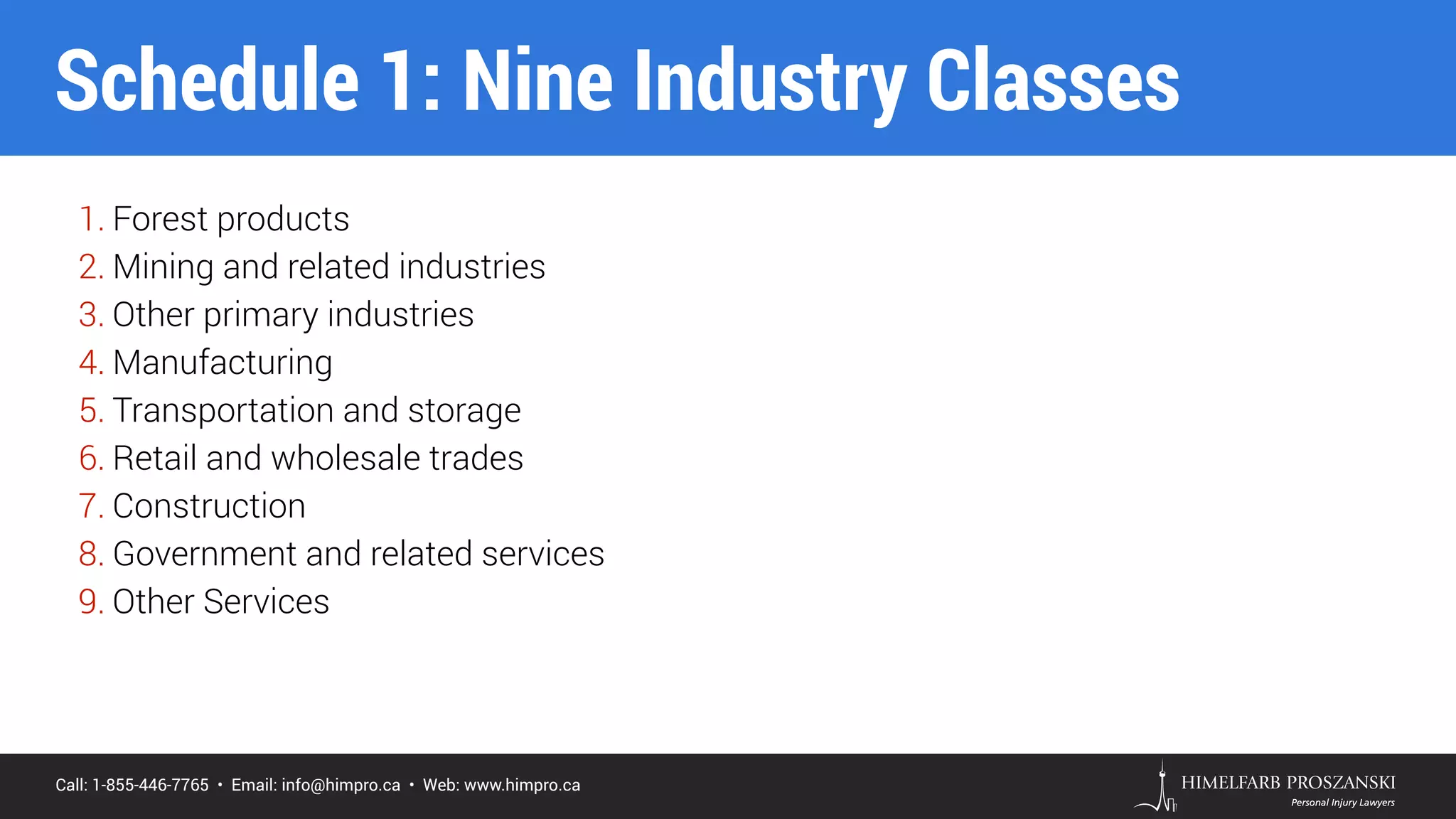 Call: 1-855-446-7765 • Email: info@himpro.ca • Web: www.himpro.ca
1. Forest products
2. Mining and related industries
3. Other primary industries
4. Manufacturing
5. Transportation and storage
6. Retail and wholesale trades
7. Construction
8. Government and related services
9. Other Services
Schedule 1: Nine Industry Classes
 