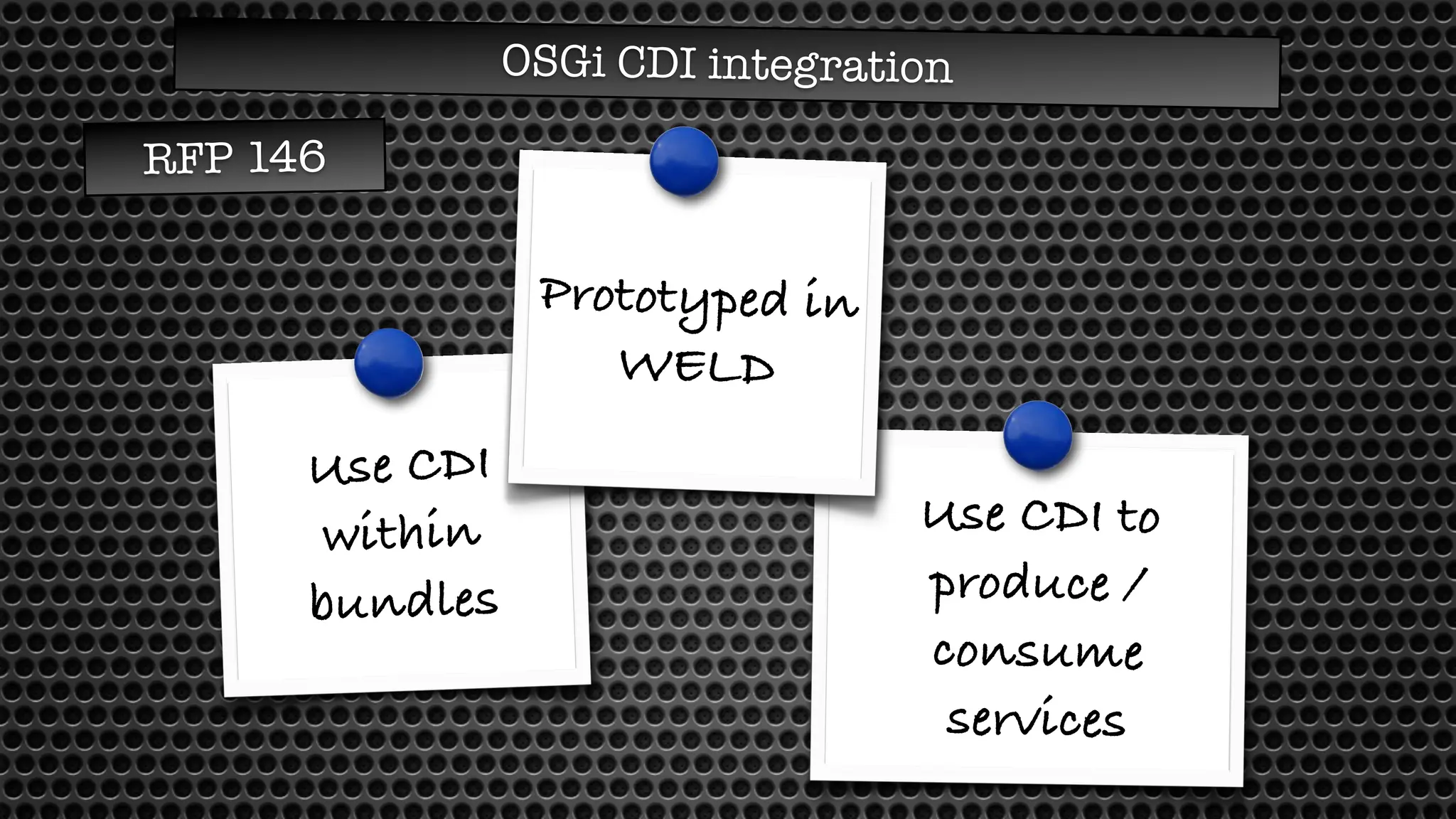 Use CDI
within
bundles
OSGi CDI integration
Prototyped in
WELD
RFP 146
Use CDI to
produce /
consume
services
 
