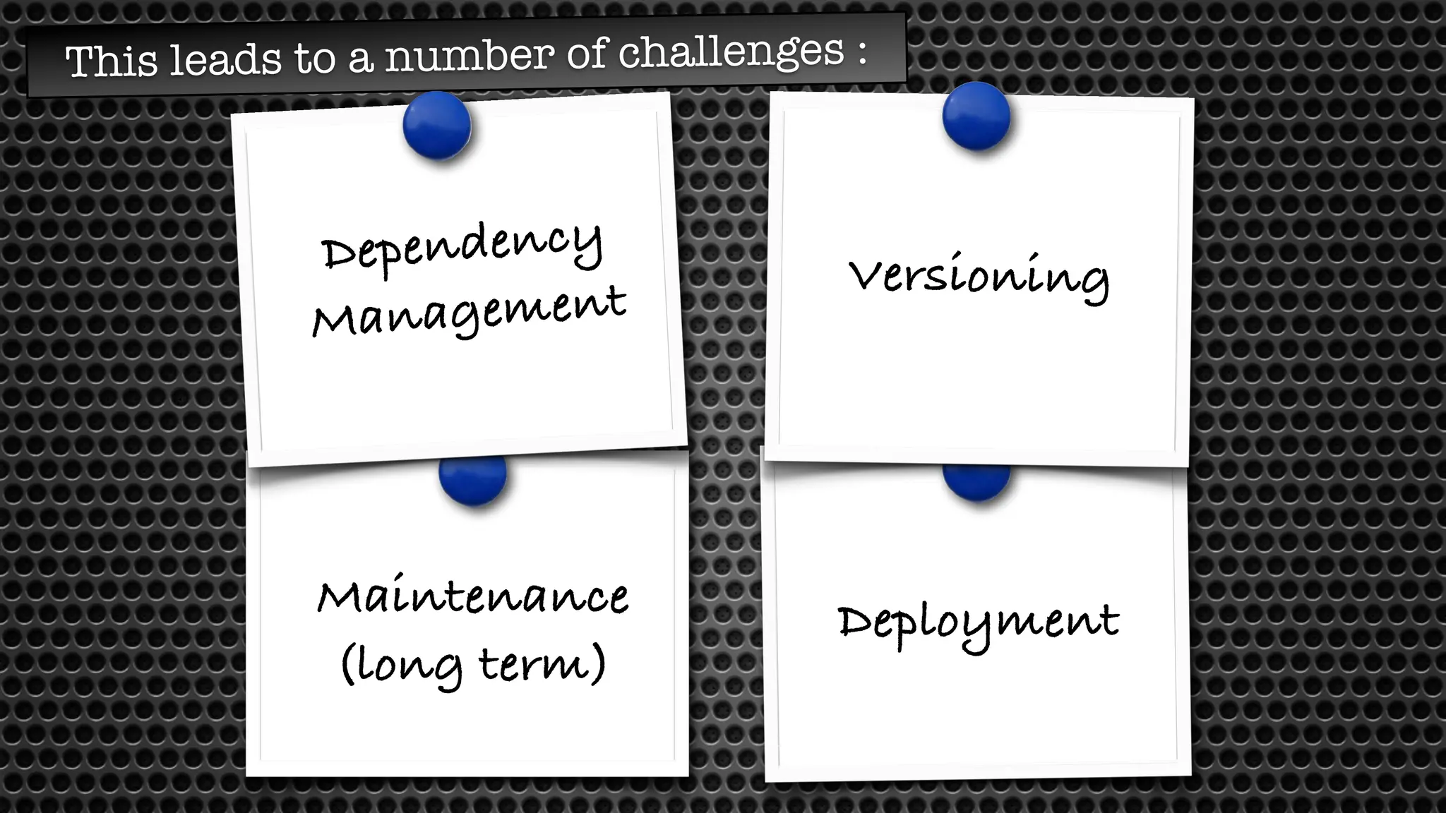 This leads to a number of challenges :
Maintenance
(long term)
Versioning
Dependency
Management
Deployment
 
