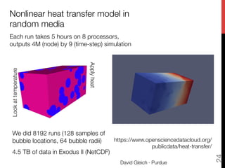David Gleich · Purdue
24
Nonlinear heat transfer model in
random media
Each run takes 5 hours on 8 processors,
outputs 4M (node) by 9 (time-step) simulation
We did 8192 runs (128 samples of
bubble locations, 64 bubble radii)
4.5 TB of data in Exodus II (NetCDF)
Applyheat
Lookattemperature
https://www.opensciencedatacloud.org/
publicdata/heat-transfer/
 