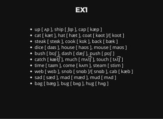 EX1
up [ ʌp ], ship [ ʃɪp ], cap [ kæp ]
cat [ kæt ], hat [ hæt ], coat [ kəʊt ]/[ koʊt ]
steak [ steɪk ], cook [ kʊk ], back [ bæk ]
dice [ daɪs ], house [ haʊs ], mouse [ maʊs ]
bush [ bʊʃ ], dash [ dæʃ ], push [ pʊʃ ]
catch [ kæt ͡ʃ ], much [ mʌt ͡ʃ ], touch [ tʌt ͡ʃ ]
time [ taɪm ], come [ kʌm ], steam [ stiːm ]
web [ wɛb ], snob [ snɒb ]/[ snɑb ], cab [ kæb ]
sad [ sæd ], mad [ mæd ], mud [ mʌd ]
bag [ bæɡ ], bug [ bʌɡ ], hug [ hʌɡ ]
 