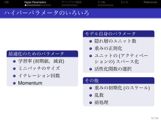 勾配
. . . . . . . . . . . . . . .
Hyper-Parameters
. . . . . . . . .
デバッグと可視化
. . . . . . . . .
その他 まとめ References
ハイパーパラメータのいろいろ
.
最適化のためのパラメータ
..
.
学習率 (初期値，減衰)
ミニバッチのサイズ
イテレーション回数
Momentum
.
モデル自身のパラメータ
..
.
隠れ層のユニット数
重みの正則化
ユニットの (アクティベー
ションの) スパース化
活性化関数の選択
.
その他
..
.
重みの初期化 (のスケール)
乱数
前処理
12 / 54
 