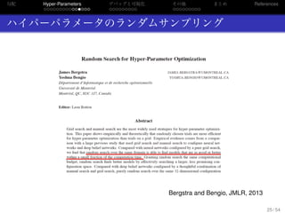 勾配
. . . . . . . . . . . . . . .
Hyper-Parameters
. . . . . . . . .
デバッグと可視化
. . . . . . . . .
その他 まとめ References
ハイパーパラメータのランダムサンプリング
Bergstra and Bengio, JMLR, 2013
25 / 54
 