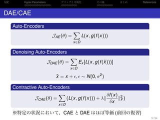 勾配
. . . . . . . . . . . . . . .
Hyper-Parameters
. . . . . . . . .
デバッグと可視化
. . . . . . . . .
その他 まとめ References
DAE/CAE
.
Auto-Encoders
..
.
JAE (θ) =
∑
x∈D
L(x, g(f(x)))
.
Denoising Auto-Encoders
..
.
JDAE (θ) =
∑
x∈D
Ex [L(x, g(f(˜x)))]
˜x = x + , ∼ N(0, σ2
)
.
Contractive Auto-Encoders
..
.
JCAE (θ) =
∑
x∈D
(L(x, g(f(x))) + λ
δf(x)
δx
2
F )
※特定の状況において，CAE と DAE はほぼ等価 (前回の復習)
5 / 54
 
