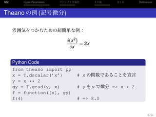 勾配
. . . . . . . . . . . . . . .
Hyper-Parameters
. . . . . . . . .
デバッグと可視化
. . . . . . . . .
その他 まとめ References
Theano の例 (記号微分)
雰囲気をつかむための超簡単な例：
δ(x2)
δx
= 2x
.
Python Code
..
.
from theano import pp
x = T.dscalar(’x’) # x の関数であることを宣言
y = x ** 2
gy = T.grad(y, x) # y を x で微分 => x * 2
f = function([x], gy)
f(4) # => 8.0
9 / 54
 