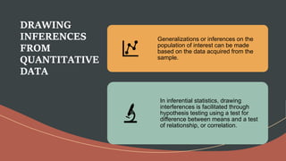 DRAWING
INFERENCES
FROM
QUANTITATIVE
DATA
Generalizations or inferences on the
population of interest can be made
based on the data acquired from the
sample.
In inferential statistics, drawing
interferences is facilitated through
hypothesis testing using a test for
difference between means and a test
of relationship, or correlation.
 