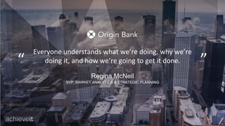 Everyone understands what we’re doing, why we’re
doing it, and how we’re going to get it done.“ ”
Regina McNeil
SVP, MARKET ANALYTICS & STRATEGIC PLANNING
 