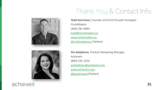 35
Thank You & Contact Info
Todd Garretson, Founder and Chief Growth Strategist
CircleMakers
(404) 781-9003
todd@circlemakers.co
www.circlemakers.co
@circlemakersco (Twitter)
Pia Adolphsen, Product Marketing Manager
AchieveIt
(800) 535-1559
padolphsen@achieveit.com
www.achieveit.com
@goachieveit (Twitter)
 