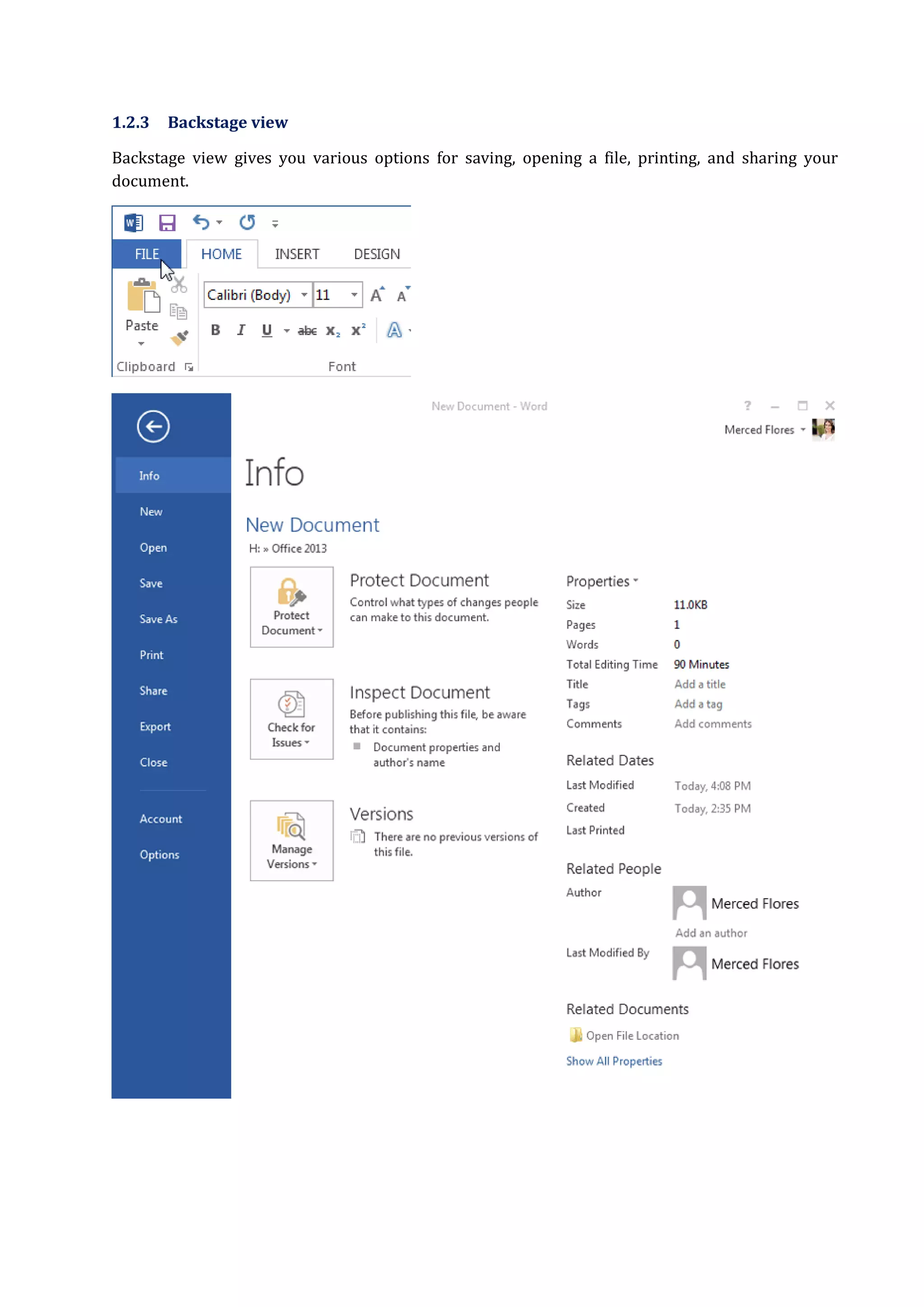 1.2.3 Backstage view
Backstage view gives you various options for saving, opening a file, printing, and sharing your
document.
 