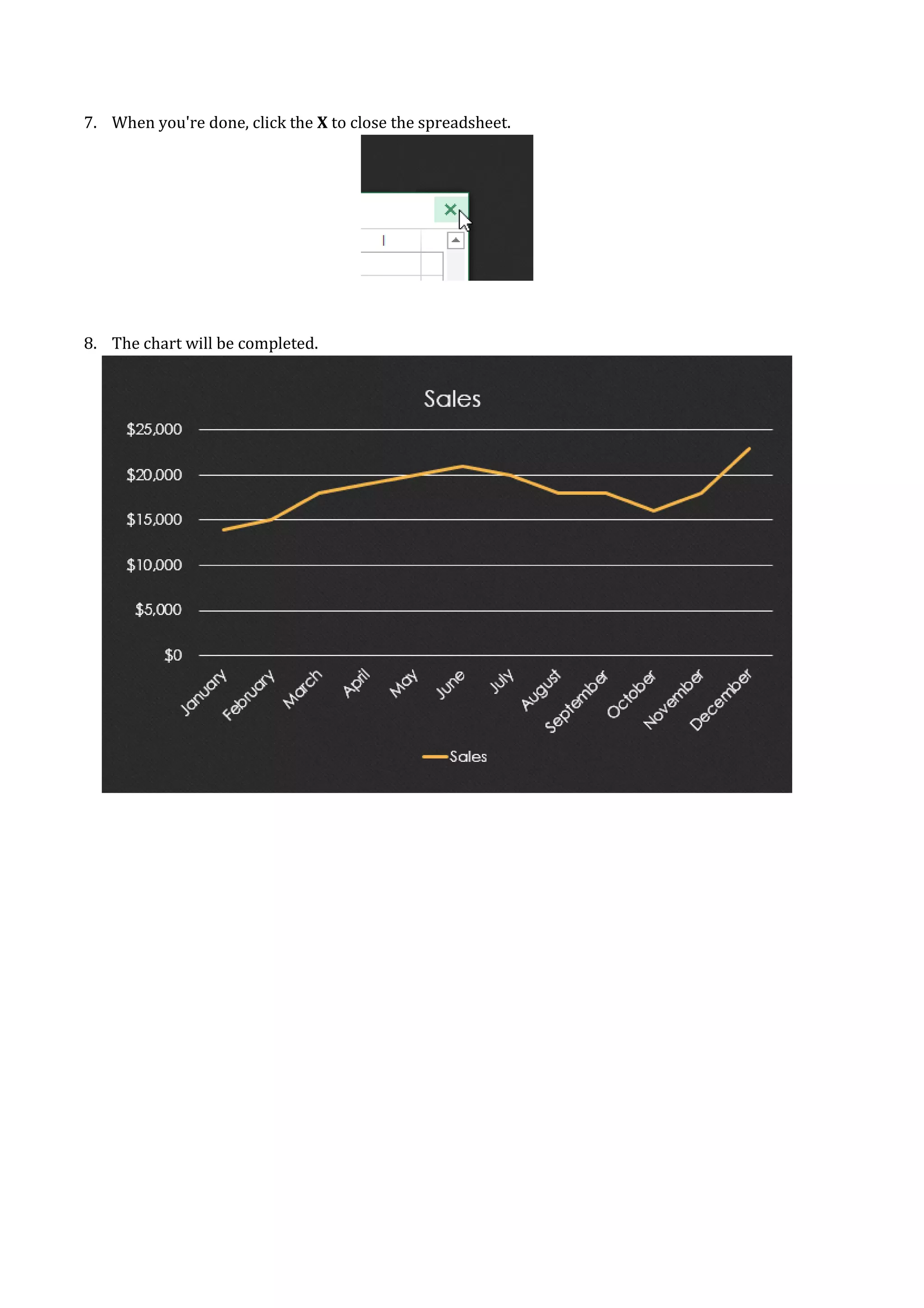 7. When you're done, click the X to close the spreadsheet.
8. The chart will be completed.
 