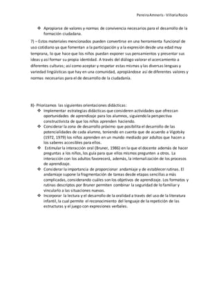 PereiraAmneris - VilloriaRocio
 Apropiarse de valores y normas de convivencia necesarios para el desarrollo de la
formación ciudadana.
7) – Estos materiales mencionados pueden convertirse en una herramienta funcional de
uso cotidiano ya que fomentan a la participación y a la expresión desde una edad muy
temprana, lo que hace que los niños puedan exponer sus pensamientos y presentar sus
ideas y así formar su propia identidad. A través del diálogo valorar el acercamiento a
diferentes culturas; así como aceptar y respetar estas mismas y las diversas lenguas y
variedad lingüísticas que hay en una comunidad, apropiándose así de diferentes valores y
normas necesarias para el de desarrollo de la ciudadanía.
8)- Priorizamos las siguientes orientaciones didácticas:
 Implementar estrategias didácticas que consideren actividades que ofrezcan
oportunidades de aprendizaje para los alumnos, siguiendo la perspectiva
constructivista de que los niños aprenden haciendo.
 Considerar la zona de desarrollo próximo que posibilita el desarrollo de las
potencialidades de cada alumno, teniendo en cuenta que de acuerdo a Vigotsky
(1972, 1979) los niños aprenden en un mundo mediado por adultos que hacen a
los saberes accesibles para ellos.
 Estimular la interacción oral (Bruner, 1986) en la que el docente además de hacer
preguntas a los niños, los guía para que ellos mismos pregunten a otros. La
interacción con los adultos favorecerá, además, la internalización de los procesos
de aprendizaje.
 Considerar la importancia de proporcionar andamiaje y de establecer rutinas. El
andamiaje supone la fragmentación de tareas desde etapas sencillas a más
complicadas, considerando cuáles son los objetivos de aprendizaje. Los formatos y
rutinas descriptos por Bruner permiten combinar la seguridad de lo familiar y
vincularlo a las situaciones nuevas.
 Incorporar la lectura y el desarrollo de la oralidad a través del uso de la literatura
infantil, la cual permite el reconocimiento del lenguaje de la repetición de las
estructuras y el juego con expresiones verbales.
 