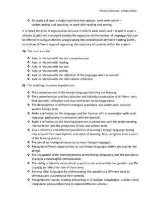 PereiraAmneris - VilloriaRocio
 To teach a LE over a single cycle have two options: work with orality –
understanding and speaking- or work with reading and writing.
It is opted this type of organization because it reflects what exists and it respects what is
already established and also it enables the expansion of the number of languages that can
be offered in each jurisdiction, always taking into consideration different starting points ,
so it allows different ways of organizing the trajectory of students within the system.
5)- The main axis are:
 Axis: In relation with the oral comprehension
 Axis: In relation with reading
 Axis: In relation with the oral
 Axis: In relation with writing
 Axis: In relation with the reflection of the language which is learned
 Axis: In relation with the intercultural reflection
6) - The teaching situations expected are:
 The comprehension of the foreign language that they are learning.
 The comprehension and the collective and individual production of different texts
that promotes reflection and also contributes to exchange ideas.
 The development of different strategies to produce and understand oral and
written foreign texts.
 Make a reflection on the language, and the function of it in connection with each
language, particularly in connection with the Spanish.
 Make a reflection on the learning processes in connection with the understanding,
interpretation and the production of oral and written texts.
 Give confidence and different possibilities of learning a foreign language, taking
into account their own rhythms and styles of learning. Also, recognize error as part
of the learning process.
 The use of technological resources to learn foreign languages.
 Recognize different opportunities to use foreign languages within and outside the
school.
 The enjoyment of the learning process of the foreign languages, and the possibility
to create a meaningful communication.
 The ability to identify sociocultural aspects in oral and written foreign texts and the
capacity to reflect the role of those texts.
 Respect other languages by understanding that people use different ways to
communicate according to their contexts.
 Recognize that orality, reading and writing in LE provide knowledges, a wider social
integration and also they help to expand different cultures.
 