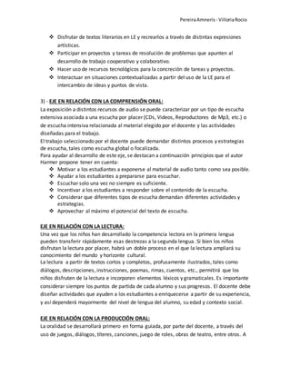PereiraAmneris - VilloriaRocio
 Disfrutar de textos literarios en LE y recrearlos a través de distintas expresiones
artísticas.
 Participar en proyectos y tareas de resolución de problemas que apunten al
desarrollo de trabajo cooperativo y colaborativo.
 Hacer uso de recursos tecnológicos para la concreción de tareas y proyectos.
 Interactuar en situaciones contextualizadas a partir del uso de la LE para el
intercambio de ideas y puntos de vista.
3) - EJE EN RELACIÓN CON LA COMPRENSIÓN ORAL:
La exposición a distintos recursos de audio se puede caracterizar por un tipo de escucha
extensiva asociada a una escucha por placer (CDs, Videos, Reproductores de Mp3, etc.) o
de escucha intensiva relacionada al material elegido por el docente y las actividades
diseñadas para el trabajo.
El trabajo seleccionado por el docente puede demandar distintos procesos y estrategias
de escucha, tales como escucha global o focalizada.
Para ayudar al desarrollo de este eje, se destacan a continuación principios que el autor
Harmer propone tener en cuenta:
 Motivar a los estudiantes a exponerse al material de audio tanto como sea posible.
 Ayudar a los estudiantes a prepararse para escuchar.
 Escuchar solo una vez no siempre es suficiente.
 Incentivar a los estudiantes a responder sobre el contenido de la escucha.
 Considerar que diferentes tipos de escucha demandan diferentes actividades y
estrategias.
 Aprovechar al máximo el potencial del texto de escucha.
EJE EN RELACIÓN CON LA LECTURA:
Una vez que los niños han desarrollado la competencia lectora en la primera lengua
pueden transferir rápidamente esas destrezas a la segunda lengua. Si bien los niños
disfrutan la lectura por placer, habrá un doble proceso en el que la lectura ampliará su
conocimiento del mundo y horizonte cultural.
La lectura a partir de textos cortos y completos, profusamente ilustrados, tales como
diálogos, descripciones, instrucciones, poemas, rimas, cuentos, etc., permitirá que los
niños disfruten de la lectura e incorporen elementos léxicos y gramaticales. Es importante
considerar siempre los puntos de partida de cada alumno y sus progresos. El docente debe
diseñar actividades que ayuden a los estudiantes a enriquecerse a partir de su experiencia,
y así dependerá mayormente del nivel de lengua del alumno, su edad y contexto social.
EJE EN RELACIÓN CON LA PRODUCCIÓN ORAL:
La oralidad se desarrollará primero en forma guiada, por parte del docente, a través del
uso de juegos, diálogos, títeres, canciones, juego de roles, obras de teatro, entre otros. A
 