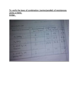 To verify the laws of combination (series/parallel) of resistances
using a metre
bridge.
 