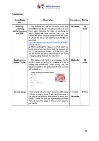 Procedures:
Stage/Stage
aim
Description Interaction Timing
Warm up:
Listening
comprehension
and TPR
1. ​​The trainee will ask the students what they
remember from the previous lesson so as to lead
them again towards the topic of washing our
hands. Once we have reached that topic, the
trainee will show another extract from the video
in which the steps for washing our hands are
specified.
https://www.youtube.com/watch?v=LQ24EfM7sE
w​ (3:56 - 4;27)
2. After watching the video, we will all wash our
hands using hand sanitizer that the trainees will
put on the students’ hands. In order to do this,
we will follow the steps mentioned in the video
while projecting them on the television.
Students 20
mins.
Development:
Use of English
1. ​​The trainee will hand in a photocopy for the
students to do an activity to complete in order to
review the vocabulary seen during the two
lessons related to the CLIL project. The exercise
will be like this:
Students 15
mins.
Closing stage The trainees will give each student a little soap
for them to use at home. It will have the image of
the germs and will say ‘Remember to wash your
hands’. There will also be a photocopy attached
that will have the steps to follow when washing
our hands.
Teacher
-
Students
5 mins.
 
10
 