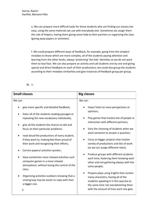 García, Naomi
Hartfiel, Mariano Félix
e. We can prepare more difficult tasks for those students who are finding our classes too
easy, using the same materials we use with everybody else. Sometimes we assign them
the role of helpers, having them giving some help to their partners or organizing the class
(giving away papers or activities).
f. We could prepare different ways of feedback, for example, going from the simplest
mistakes to those which are more complex, all of the students paying attention and
learning from the other faults, always ‘protecting’ the kids’ identities as we do not want
them to lose face. We can also prepare an activity and call students one by one and giving
special and direct feedback on each of their productions; we could also group the students
according to their mistakes similarities and give instances of feedback group per group.
B) 1-
2
Small classes Big classes
We can:
• give more specific and detailed feedback;
• listen all of the students reading passages or
repeating the new vocabulary individually;
• give all the students the chance to talk and
focus on their particular problems;
• read aloud the productions of every student,
if they want to, making feel them proud of
their work and recognizing their efforts;
• Correct papers/ activities quicker;
• Have sometimes more relaxed activities such
computer games in a more relaxed
atmosphere, without losing the control of the
class;
• Organizing activities outdoors knowing that a
small group may be easier to cope with than
a bigger one.
We can:
• Have/ listen to more perspectives or
opinions;
• Play games that involve lots of people or
interaction with different partners;
• Vary the choosing of students when we
want someone to answer a question;
• Carry on bigger projects that involve
variety of productions and lots of work
(as we can assign different roles);
• Produce groups with different students
each time, fostering them knowing each
other and not gathering always with the
same people;
• Prepare plays using English that contain
many characters, having all of the
students speaking it in this way but at
the same time not overwhelming them
with the amount of lines each one gets.
 