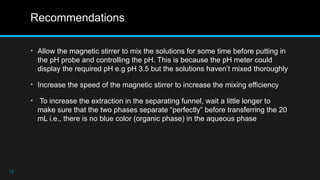 Recommendations
• Allow the magnetic stirrer to mix the solutions for some time before putting in
the pH probe and controlling the pH. This is because the pH meter could
display the required pH e.g pH 3.5 but the solutions haven’t mixed thoroughly
• Increase the speed of the magnetic stirrer to increase the mixing efficiency
• To increase the extraction in the separating funnel, wait a little longer to
make sure that the two phases separate “perfectly” before transferring the 20
mL i.e., there is no blue color (organic phase) in the aqueous phase
13
 