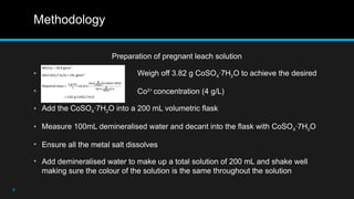 Methodology
Preparation of pregnant leach solution
• Weigh off 3.82 g CoSO4·7H2O to achieve the desired
• Co2+
concentration (4 g/L)
• Add the CoSO4·7H2O into a 200 mL volumetric flask
• Measure 100mL demineralised water and decant into the flask with CoSO4·7H2O
• Ensure all the metal salt dissolves
• Add demineralised water to make up a total solution of 200 mL and shake well
making sure the colour of the solution is the same throughout the solution
8
 
