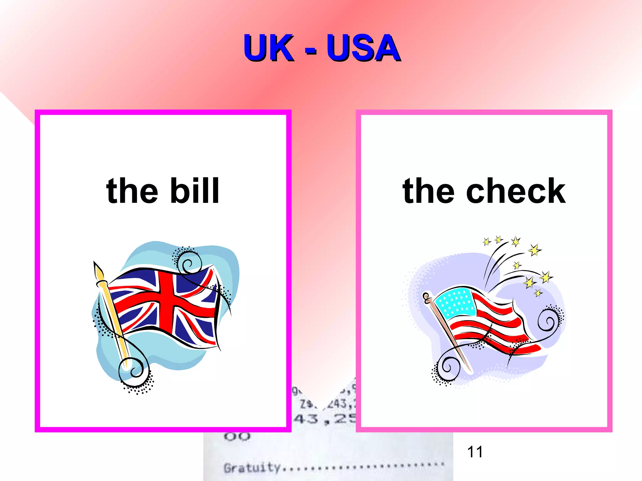 UK - USA



the bill              the check




                         11
 