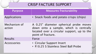 CRISP FACTURE SUPPORT
Purpose Measures fracturability
Applications • Snack foods and potato crisps (chips)
Mechanism of
action
A 0.25" diameter spherical probe moves
down onto a sample, which is centrally
located over a circular support, up to the
point of fracture.
Results Force
Accessories • Circular Support Insert
• P/0.25 S Stainless Steel Ball Probe
 