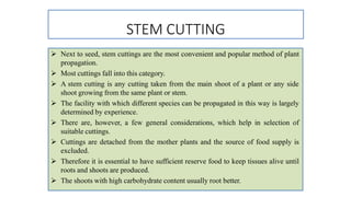 STEM CUTTING
 Next to seed, stem cuttings are the most convenient and popular method of plant
propagation.
 Most cuttings fall into this category.
 A stem cutting is any cutting taken from the main shoot of a plant or any side
shoot growing from the same plant or stem.
 The facility with which different species can be propagated in this way is largely
determined by experience.
 There are, however, a few general considerations, which help in selection of
suitable cuttings.
 Cuttings are detached from the mother plants and the source of food supply is
excluded.
 Therefore it is essential to have sufficient reserve food to keep tissues alive until
roots and shoots are produced.
 The shoots with high carbohydrate content usually root better.
 