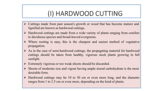 (I) HARDWOOD CUTTING
 Cuttings made from past season's growth or wood that has become mature and
lignified are known as hardwood cuttings.
 Hardwood cuttings are made from a wide variety of plants ranging from conifers
to deciduous species and broad-leaved evergreens.
 Where rooting is easy, this is the cheapest and easiest method of vegetative
propagation.
 As in the case of semi-hardwood cuttings, the propagating material for hardwood
cuttings should be taken from healthy, vigorous stock plants growing in full
sunlight.
 Extremely vigorous or too weak shoots should be discarded.
 Shoots of moderate size and vigour having ample stored carbohydrate is the most
desirable form.
 Hardwood cuttings may be 10 to 30 cm or even more long, and the diameter
ranges from 1 to 2.5 cm or even more, depending on the kind of plants.
 