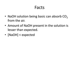 FactsNaOH solution being basic can absorb CO2 from the air.Amount of NaOH present in the solution is lesser than expected.[NaOH] < expected