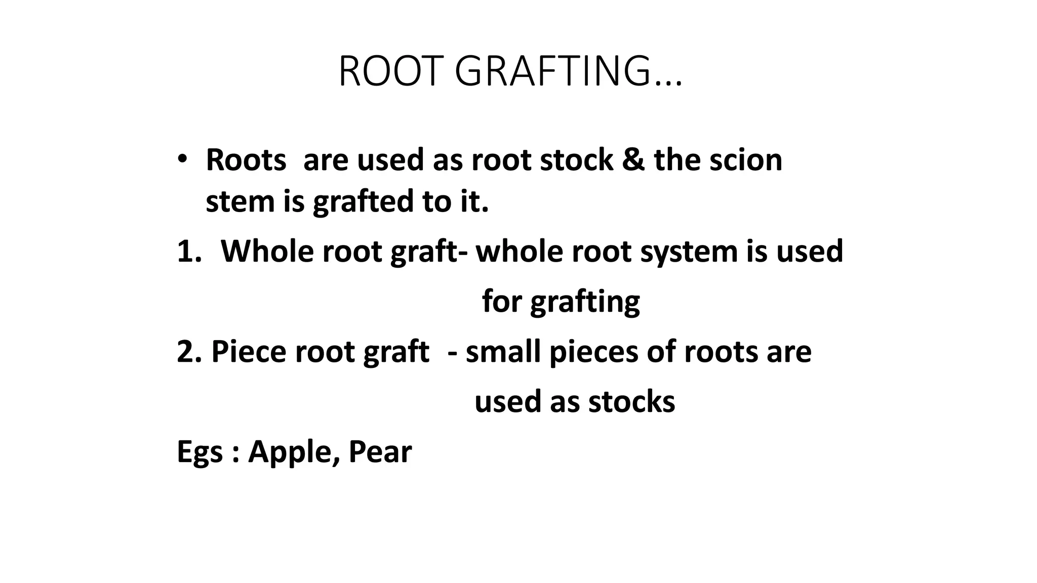 ROOT GRAFTING…
• Roots are used as root stock & the scion
stem is grafted to it.
1. Whole root graft- whole root system is used
for grafting
2. Piece root graft - small pieces of roots are
used as stocks
Egs : Apple, Pear
 