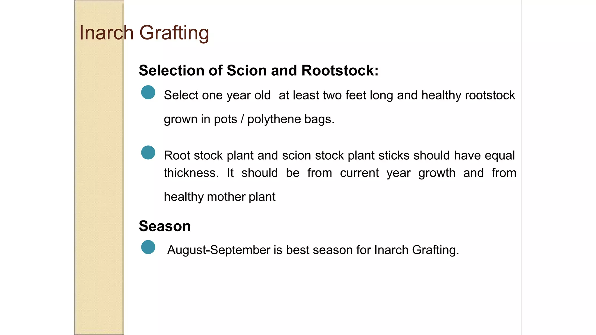 Inarch Grafting
Selection of Scion and Rootstock:
● Select one year old at least two feet long and healthy rootstock
grown in pots / polythene bags.
● Root stock plant and scion stock plant sticks should have equal
thickness. It should be from current year growth and from
healthy mother plant
Season
● August-September is best season for Inarch Grafting.
 