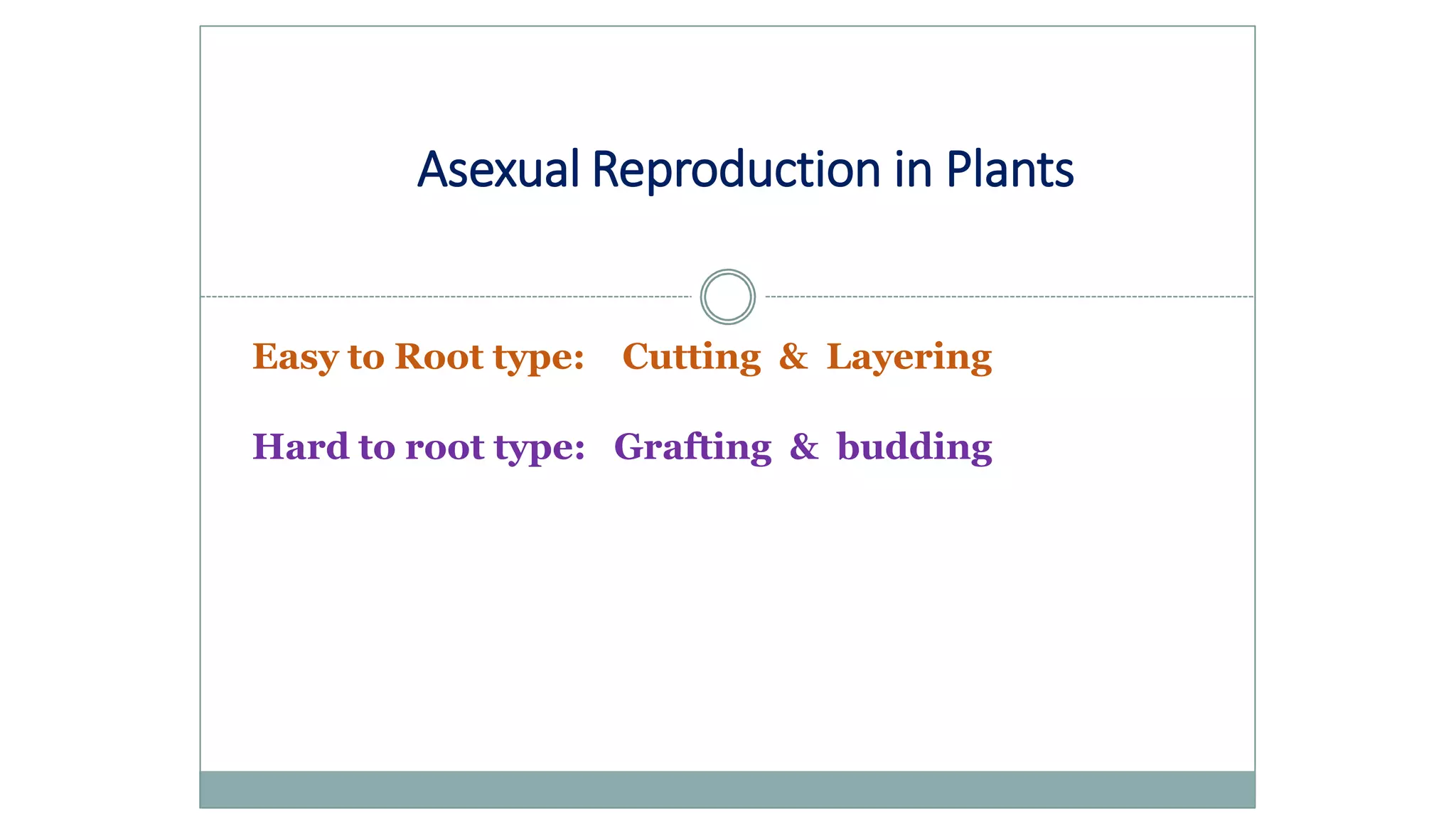Easy to Root type: Cutting & Layering
Hard to root type: Grafting & budding
Asexual Reproduction in Plants
 