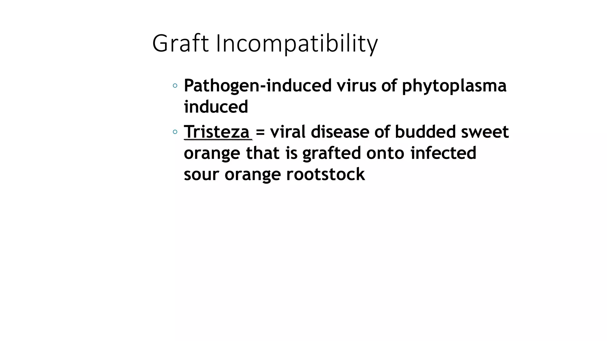 Graft Incompatibility
◦ Pathogen-induced virus of phytoplasma
induced
◦ Tristeza = viral disease of budded sweet
orange that is grafted onto infected
sour orange rootstock
 