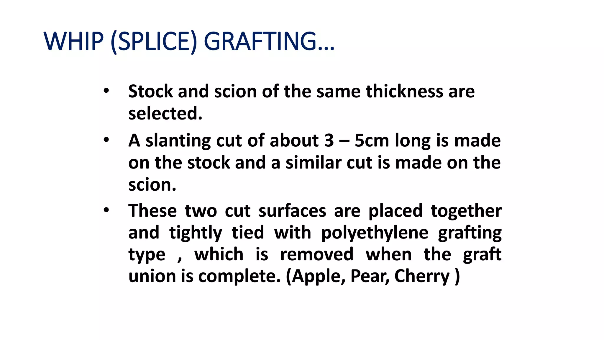 WHIP (SPLICE) GRAFTING…
• Stock and scion of the same thickness are
selected.
• A slanting cut of about 3 – 5cm long is made
on the stock and a similar cut is made on the
scion.
• These two cut surfaces are placed together
and tightly tied with polyethylene grafting
type , which is removed when the graft
union is complete. (Apple, Pear, Cherry )
 